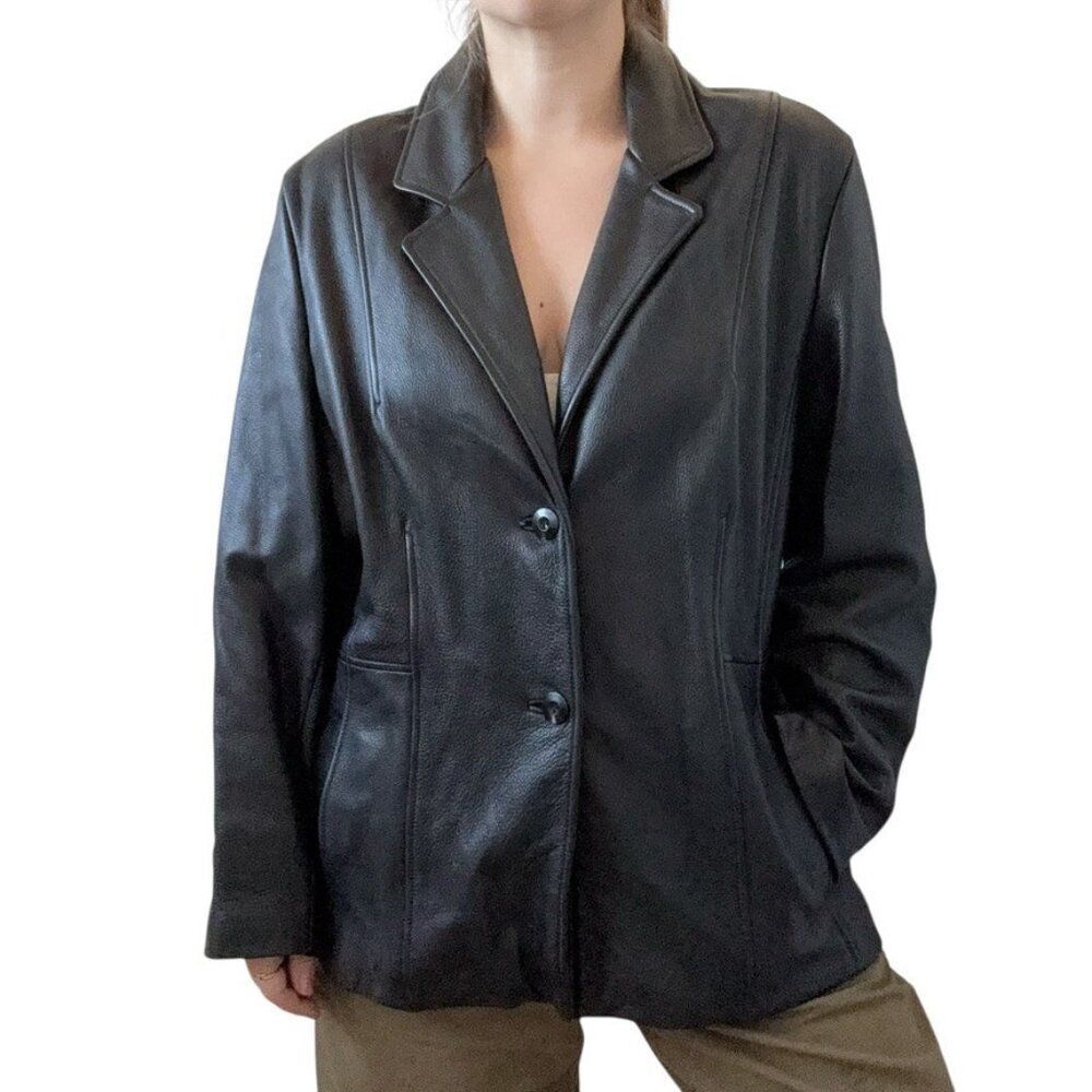Vintage Wilsons Leather Purple Label Womes Black Leather Oversized Blazer Jacket